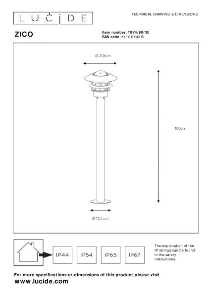 Lucide ZICO - Lantaarnpaal - Ø 21,8 cm - 1xE27 - IP44 - Zwart - technisch